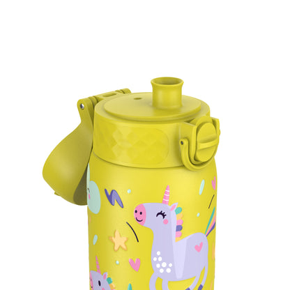 Yellow water bottle featuring colorful unicorn designs and a flip-top lid surrounded by a strap attachment mechanism on a white background.