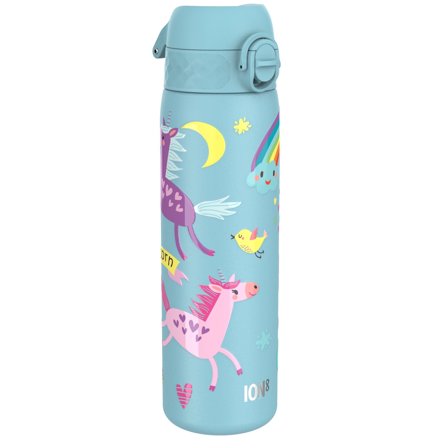 A light blue water bottle features colorful unicorns, moons, stars, rainbows, and birds against a whimsical background Transcribed text: Ion8 Born