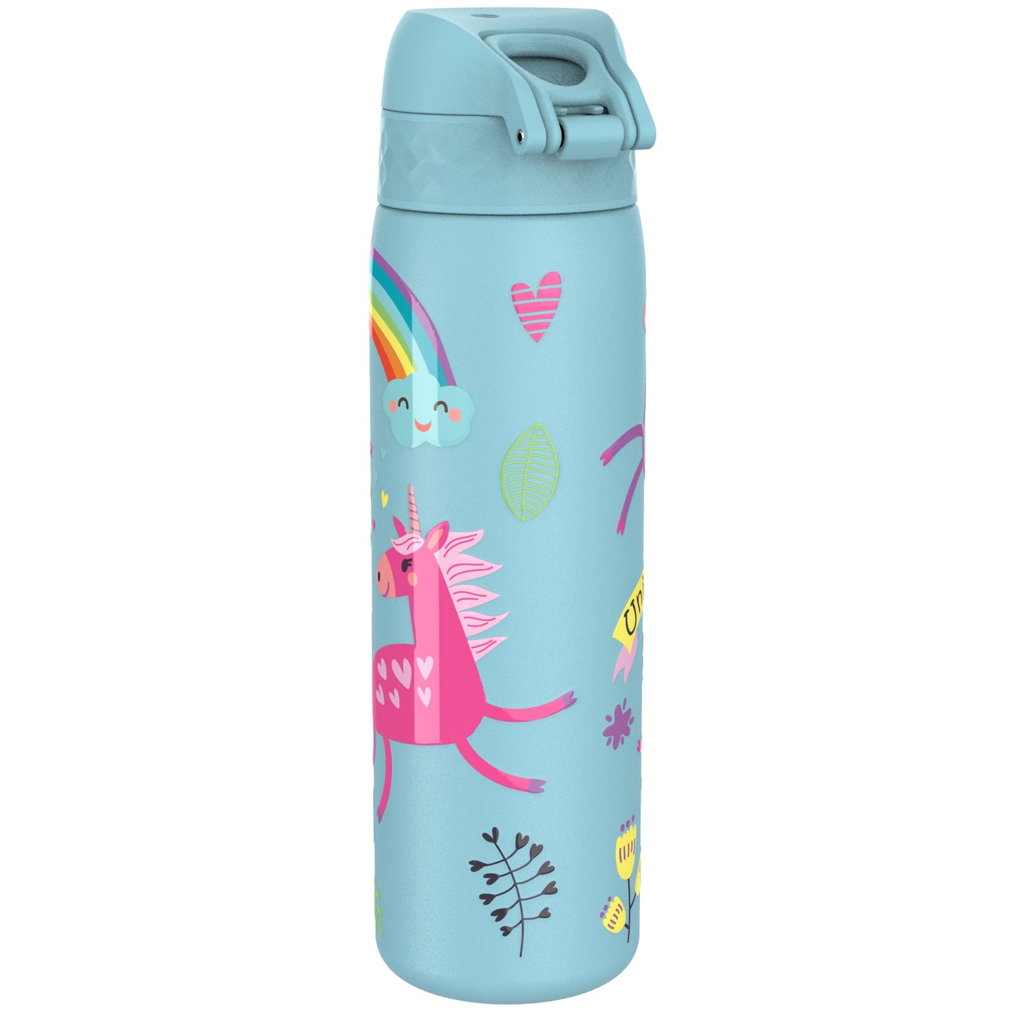 A blue insulated water bottle features playful illustrations of pink unicorns, rainbows, and hearts. The word "UNICORN" is displayed on a banner, creating a whimsical and colorful design.