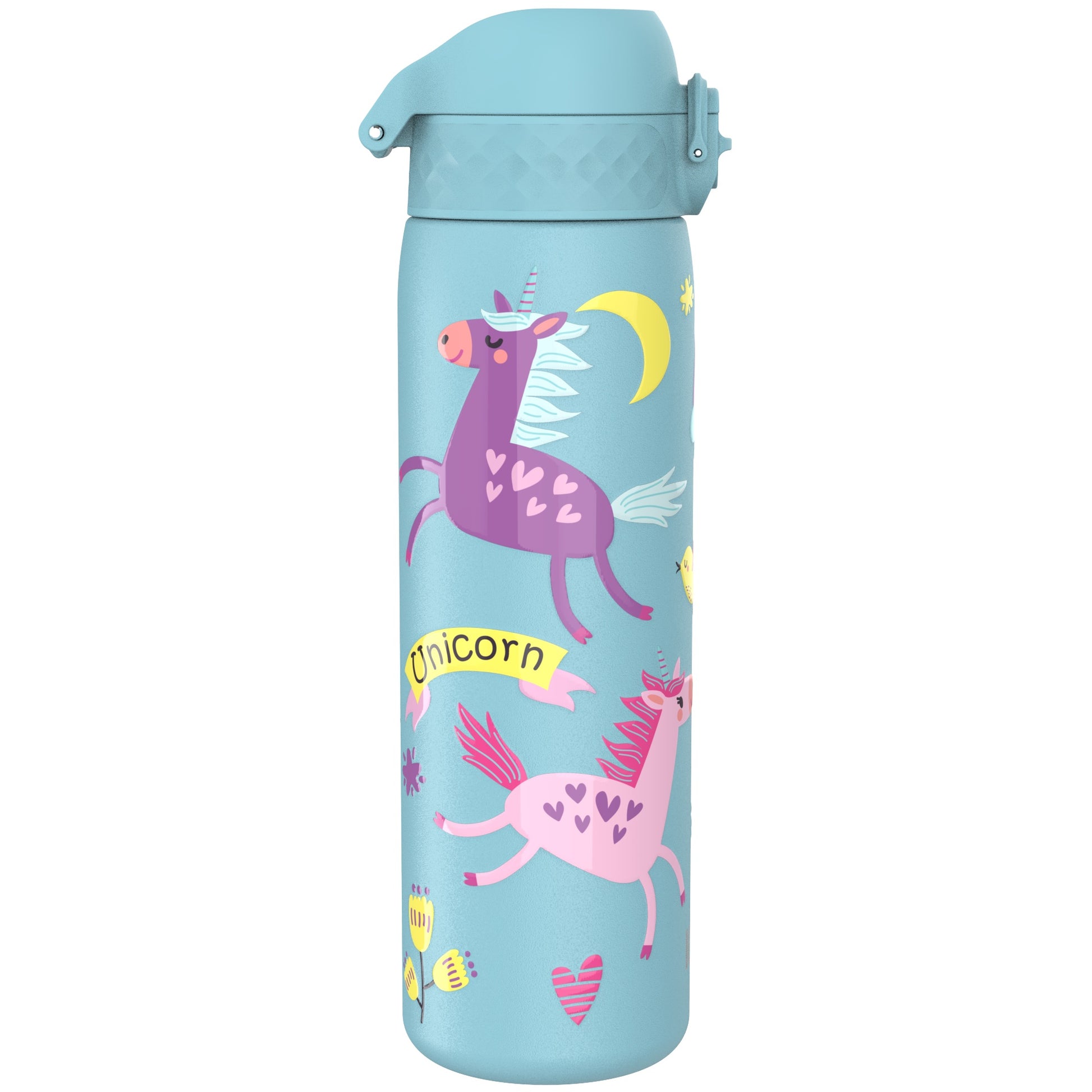 A blue water bottle features colorful unicorns with hearts and flowers, a crescent moon, and the word "Unicorn" in a yellow banner.