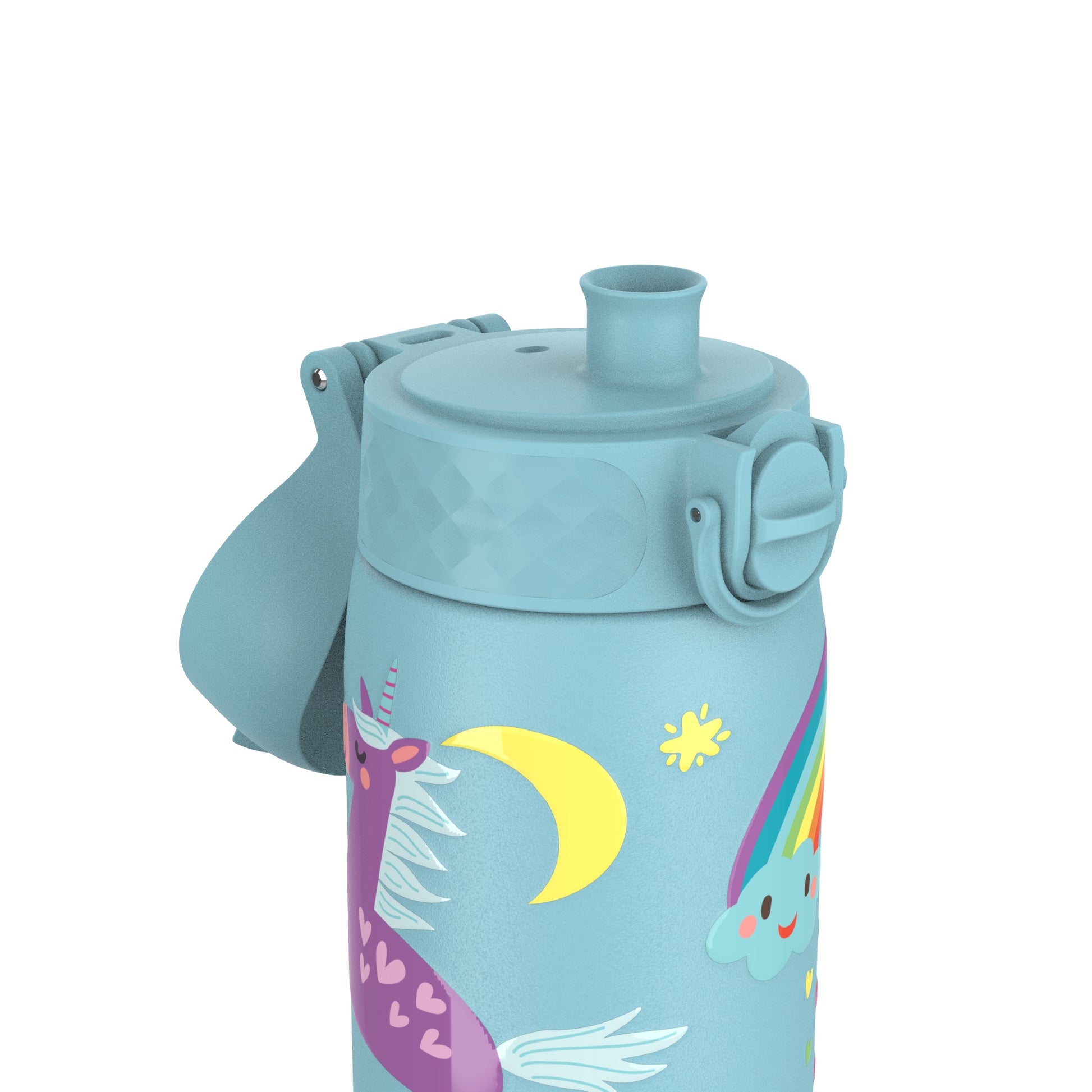 A blue water bottle featuring a purple unicorn with hearts an open spout and a folding lid surrounded by moon stars and a rainbow against a white background