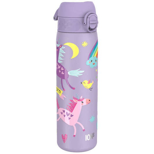 Purple water bottle featuring colorful unicorns, hearts, moons, stars, a rainbow with a smiling cloud, and the word "Unicorn" written on it, designed by Ion8