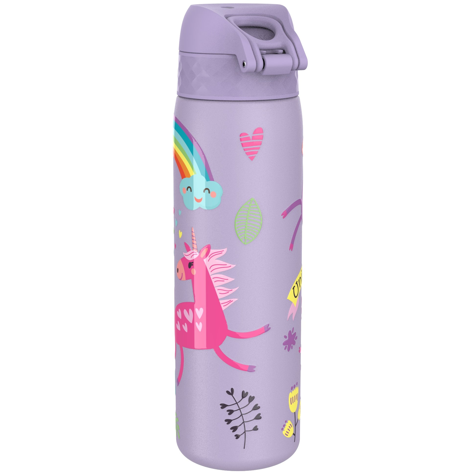 Purple water bottle featuring colorful illustrations of a pink unicorn, rainbow, clouds, hearts, leaves, and flowers. Text on a banner reads "UNICORN" creating a magical and playful design.