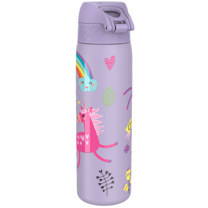 Purple water bottle featuring colorful illustrations of a pink unicorn, rainbow, clouds, hearts, leaves, and flowers. Text on a banner reads "UNICORN" creating a magical and playful design.