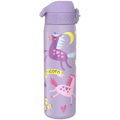 A purple water bottle displays colorful unicorns with hearts and flowers. The word "Unicorn" is written on a yellow banner. The lid is also purple, matching the bottle.