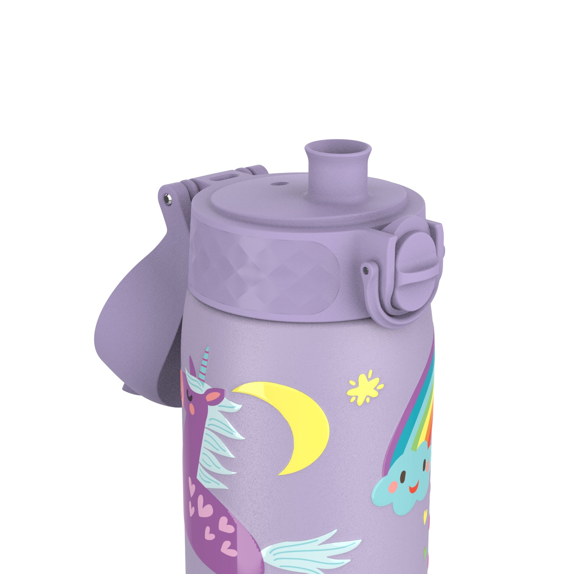 A purple water bottle features a flip-top lid and unicorn design with hearts, crescent moon, sun, rainbow, and smiling cloud set against a white background.