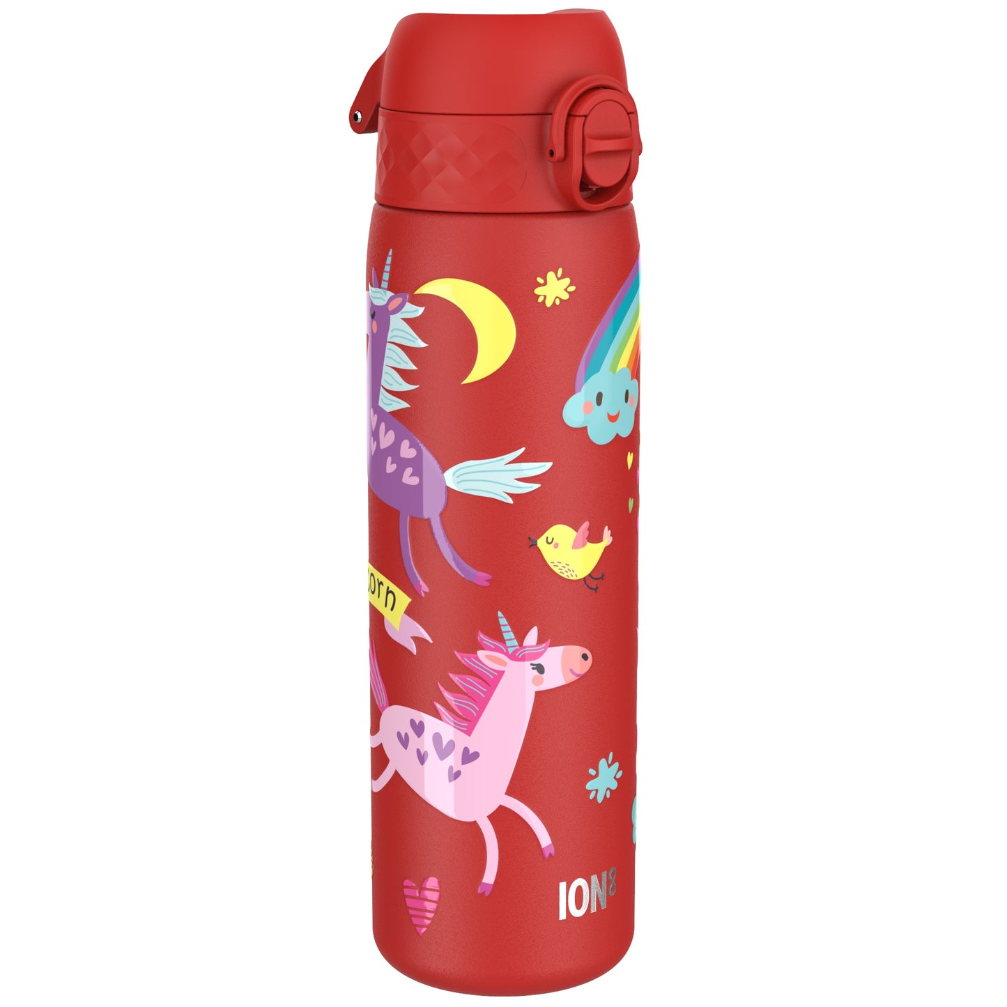 A red water bottle adorned with colorful unicorns and rainbows features a secure flip lid. The design includes the text "ION8" and a banner saying "Unicorn" amidst whimsical clouds and stars.