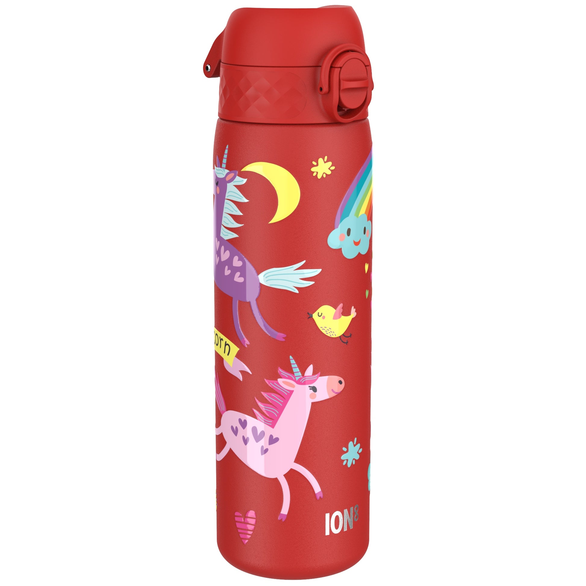 A red water bottle adorned with colorful unicorns and rainbows features a secure flip lid. The design includes the text "ION8" and a banner saying "Unicorn" amidst whimsical clouds and stars.