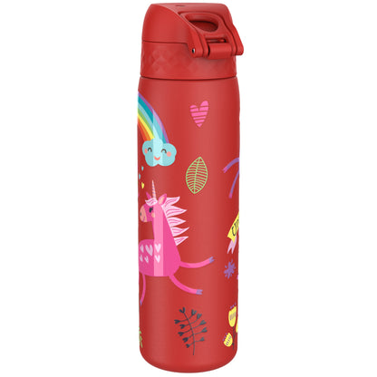 Red thermos decorated with pink unicorns, hearts, leaves, and rainbows covering the surface creating a whimsical theme