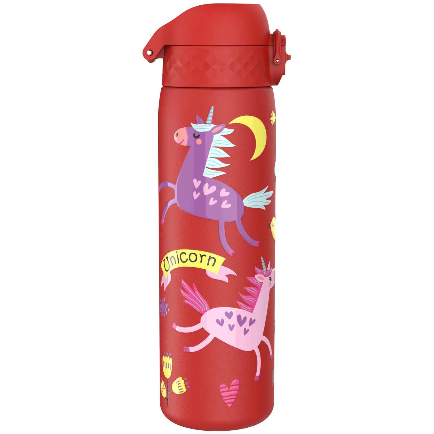 A red water bottle displays colorful unicorn illustrations with heart patterns and flowers. The word "Unicorn" is written in a yellow banner.