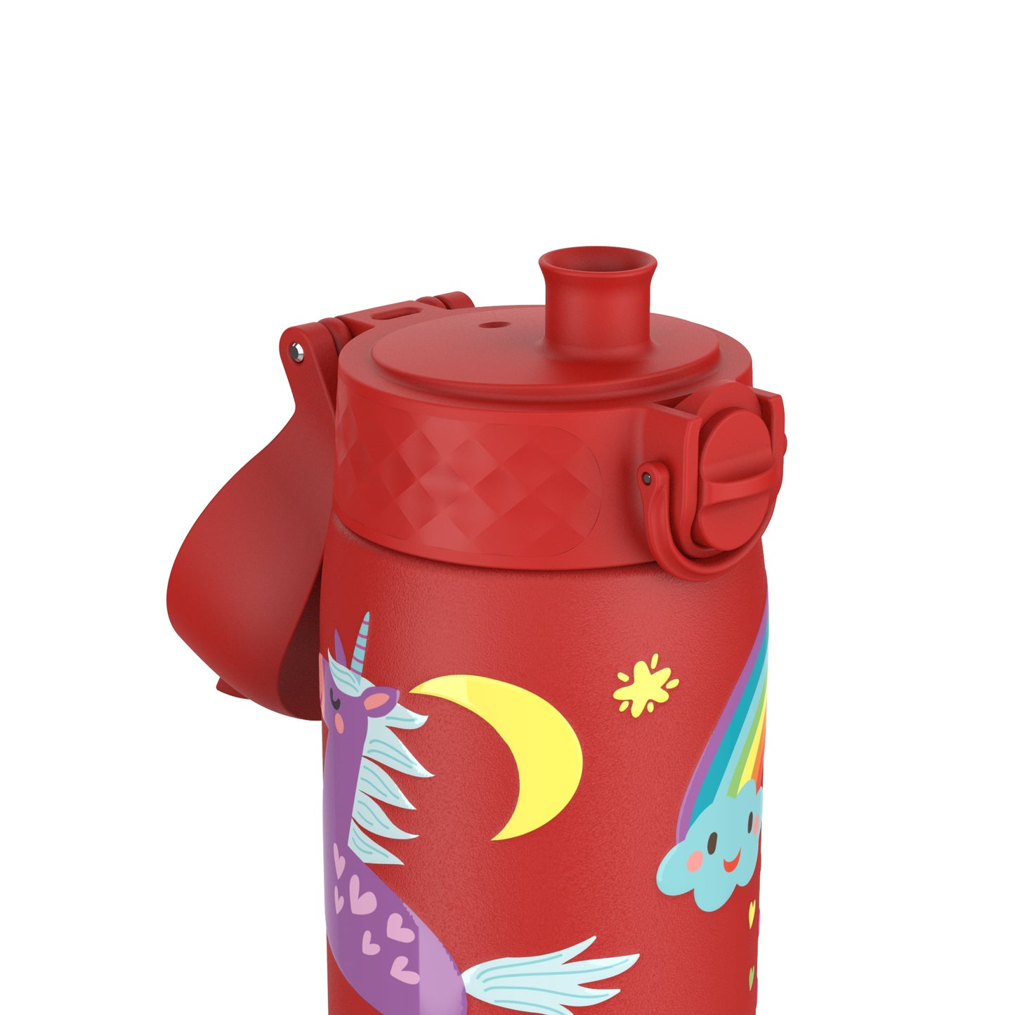 A red children's bottle with a spout has colorful unicorn, rainbow, and moon designs. It features a carrying handle for convenient use, set against a plain white background.