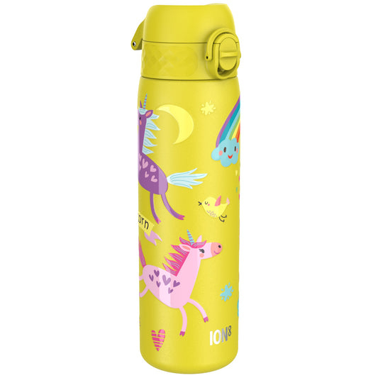 A yellow water bottle features colorful unicorns flying amidst clouds and rainbows. The lid is flip-top style. Text reads "born" near the unicorn and "ION8" on the lower section.