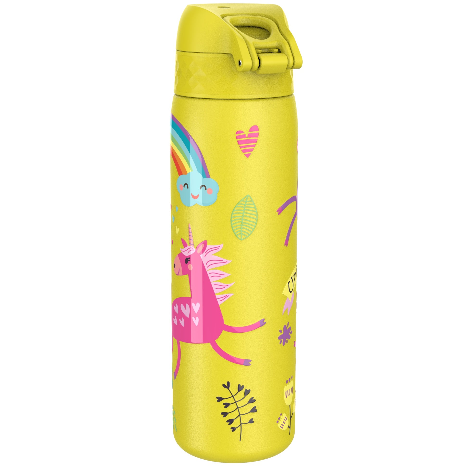 A yellow water bottle features a pink unicorn and rainbow design surrounded by hearts, leaves, and floral patterns in a playful setting.