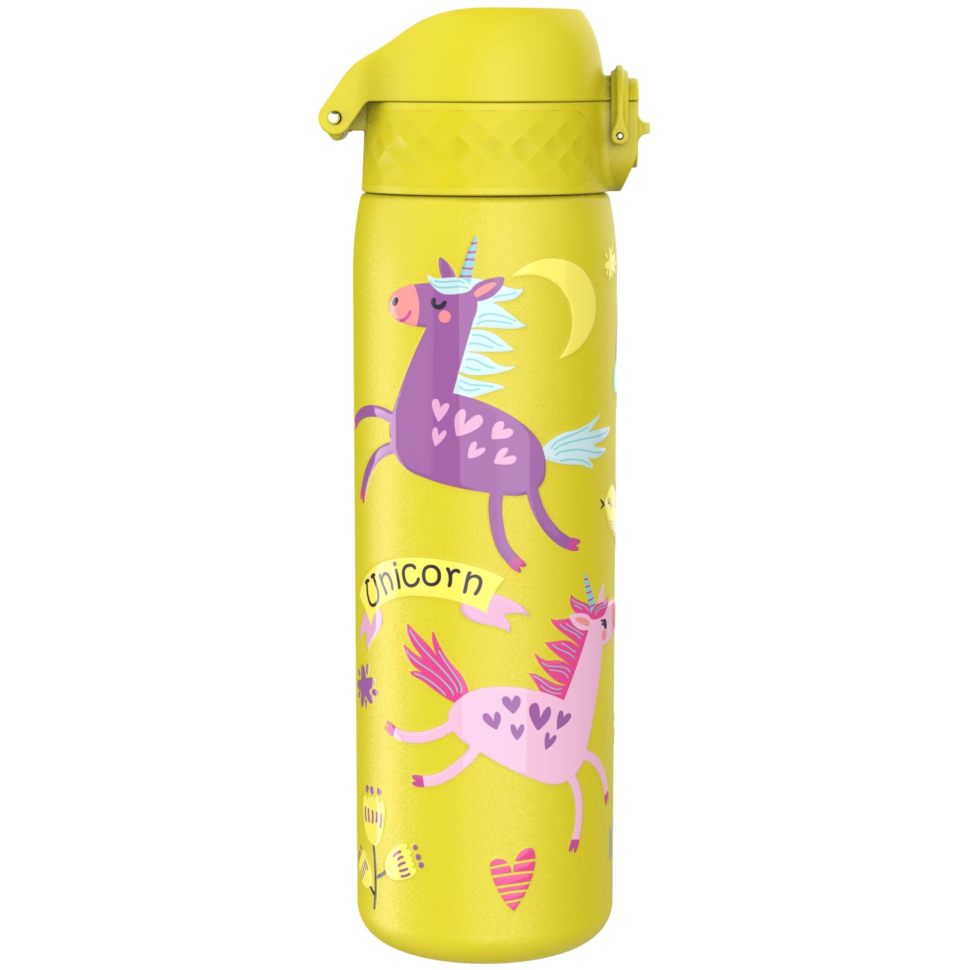 Yellow water bottle featuring playful unicorn illustrations with hearts and flowers lettering says "Unicorn" lid has a locking clip colorful and whimsical design suitable for children