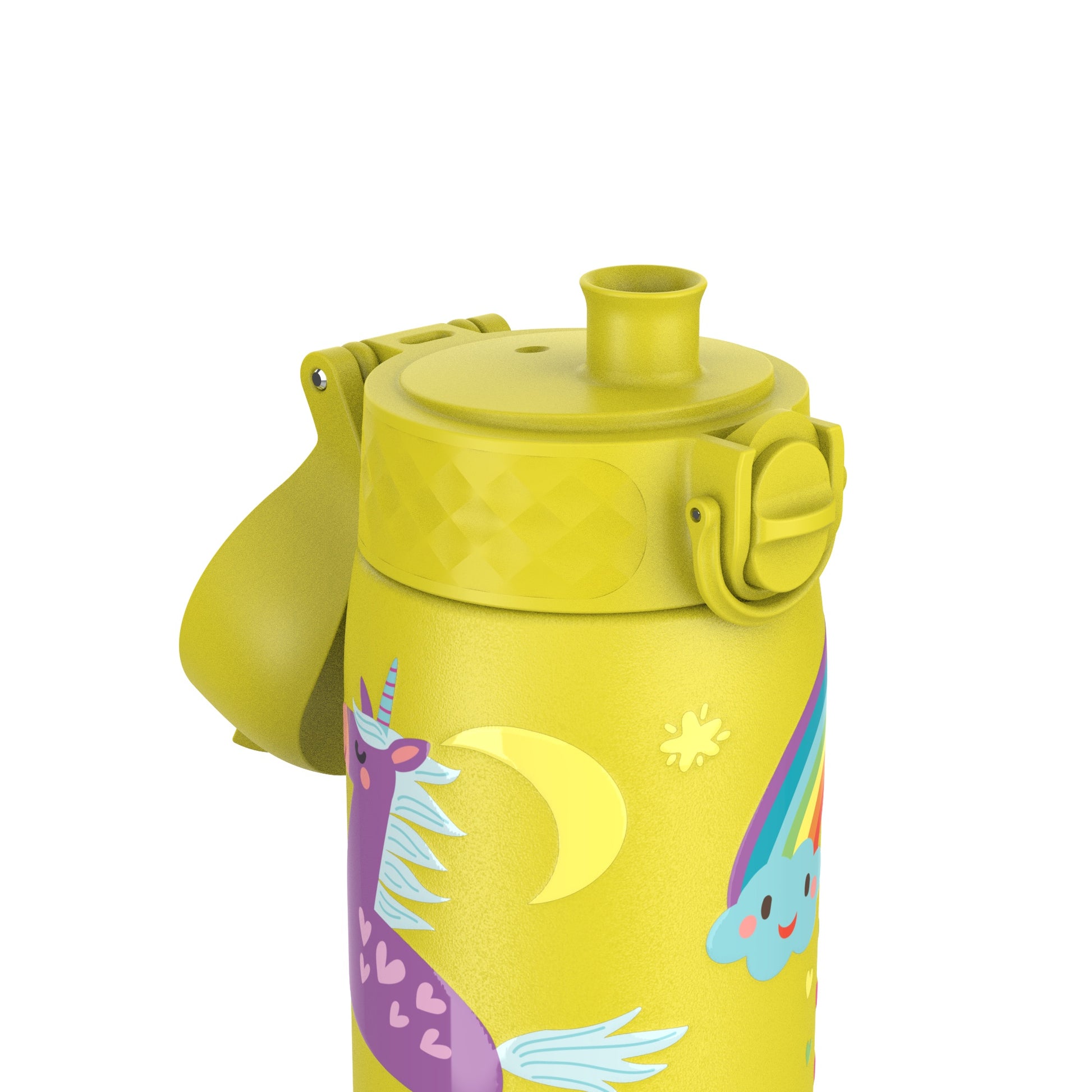 Yellow water bottle with a flip-top lid featuring a purple unicorn with heart patterns next to a crescent moon and a rainbow cloud in a playful design.