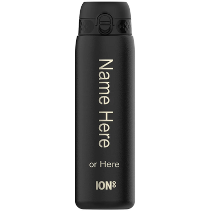 A black water bottle stands upright with the text "Name Here or Here ION8" printed vertically on its surface in an isolated setting.