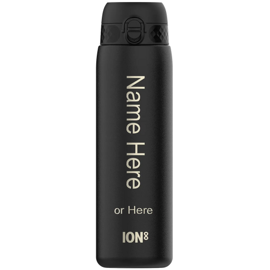 A black water bottle stands upright with the text "Name Here or Here ION8" printed vertically on its surface in an isolated setting.