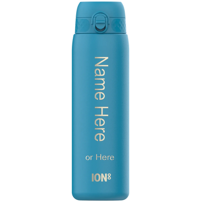 A blue water bottle stands upright featuring a flip-top lid. Text on it reads "Name Here" or "Here" with "ION8" at the bottom.