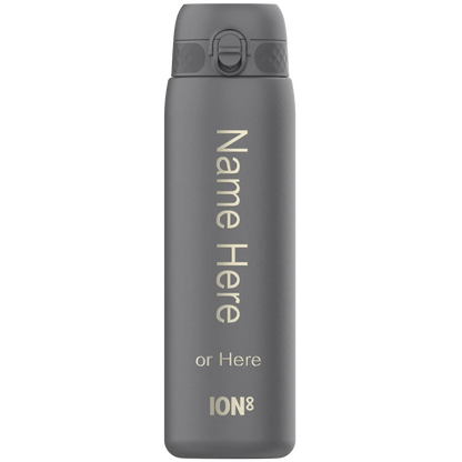 Gray water bottle stands upright displaying text "Name Here or Here ION8" with a flip-top lid against a plain white background.