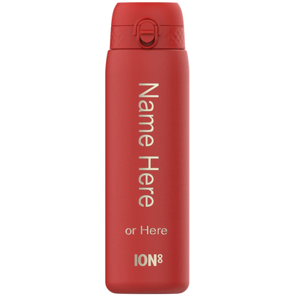 A red water bottle stands vertically with a flip-top lid. Text reads Name Here or Here ION8 indicating customization options. The background is plain white.