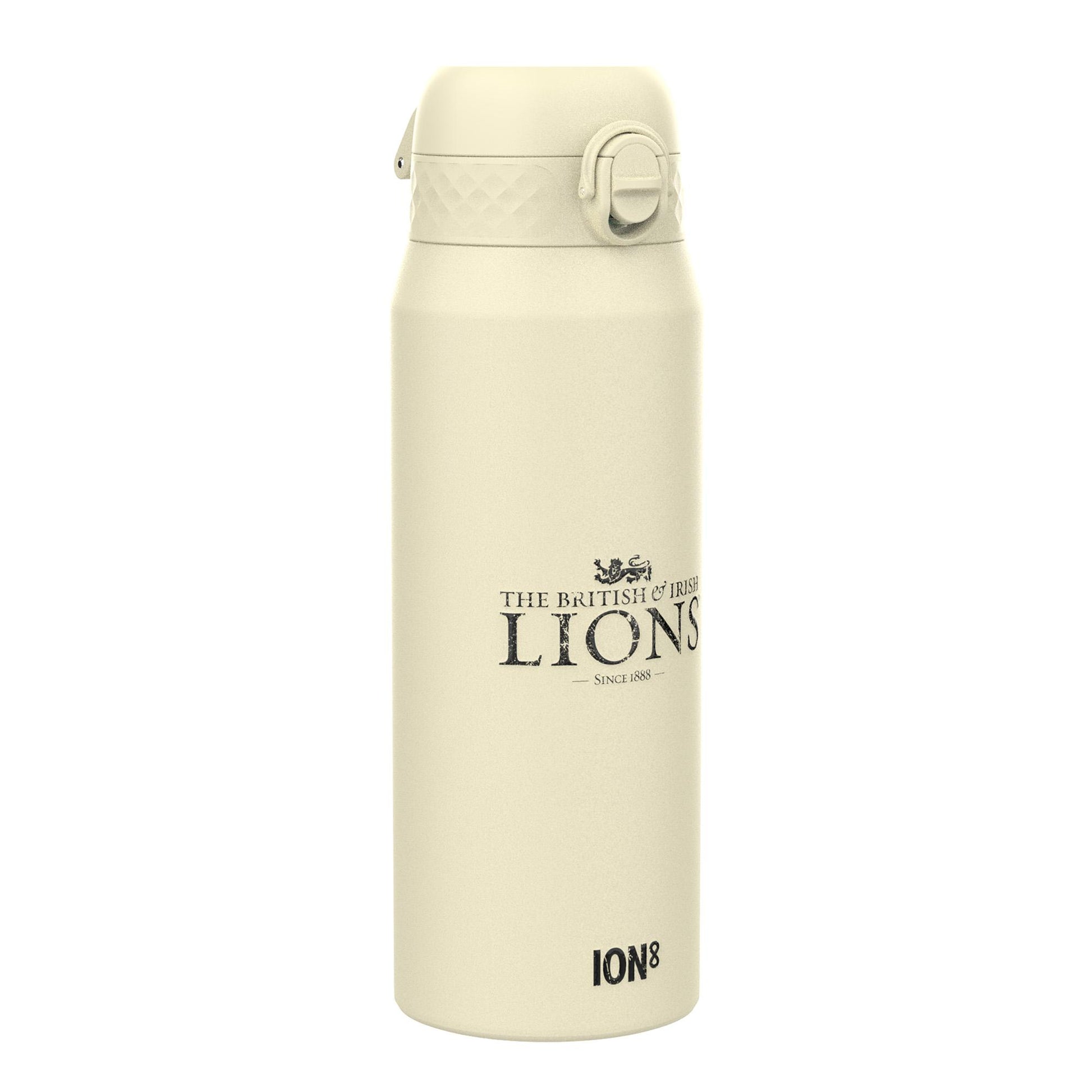 A cream-colored water bottle stands upright against a white background. The bottle features the text: "THE BRITISH & IRISH LIONS — SINCE 1888 —" and "ION8".