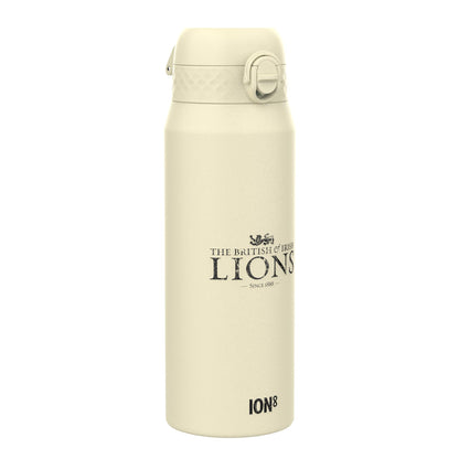 A cream-colored water bottle stands upright against a white background. The bottle features the text: "THE BRITISH & IRISH LIONS — SINCE 1888 —" and "ION8".