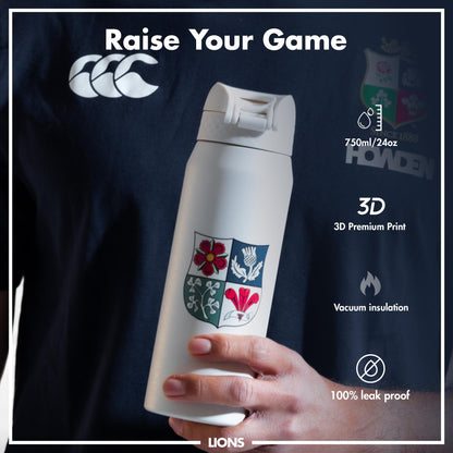 A white, 750ml/24oz water bottle, featuring a 3D-printed emblem, is held by a person wearing a dark blue shirt; the bottle boasts vacuum insulation and a leak-proof design.