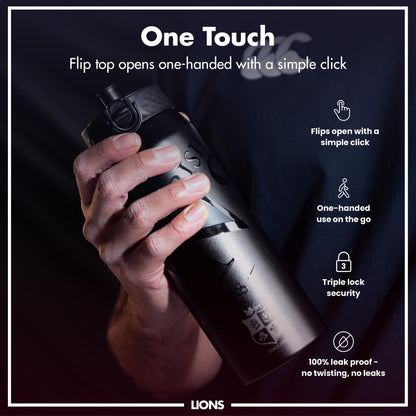 A hand holds a dark-colored, cylindrical water bottle with a flip top. The top opens one-handed. The bottle features text and a logo; additional text highlights features like leak-proof design and triple lock security.