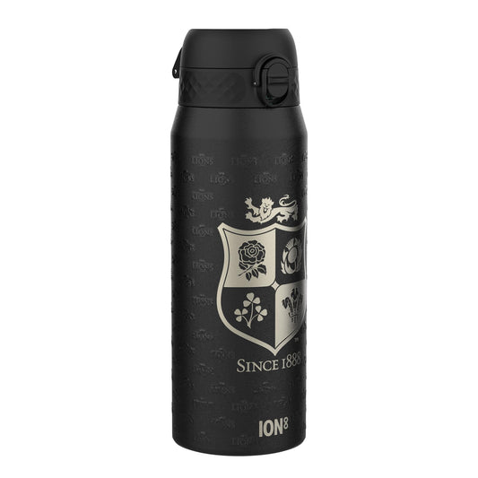 A black water bottle, standing upright on a white background, features an embossed crest and the words "SINCE 1888" and "ION8".