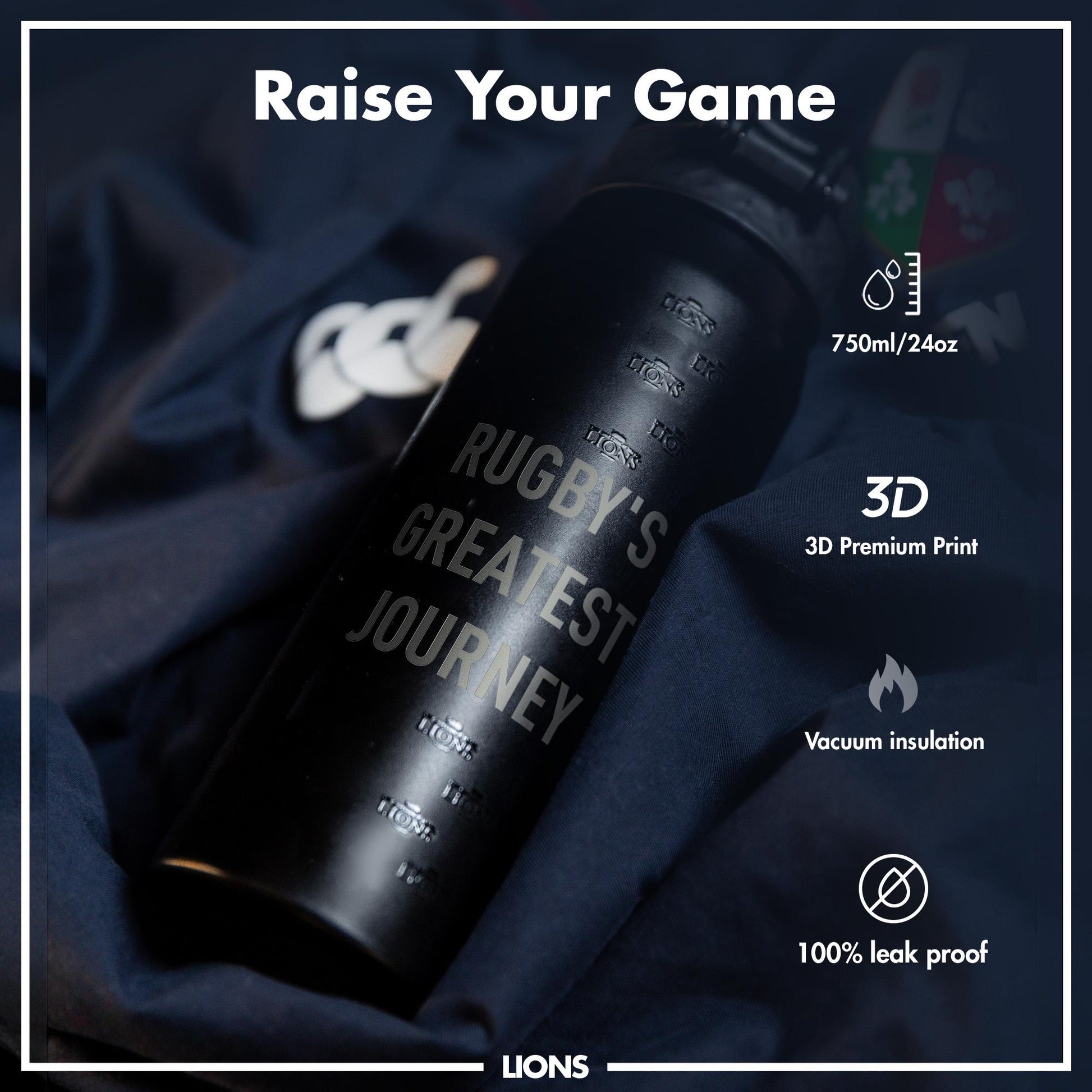 A black water bottle, engraved with "Rugby's Greatest Journey," rests on dark fabric. The bottle features 3D printing, vacuum insulation, and is 100% leak-proof. It holds 750ml/24oz.