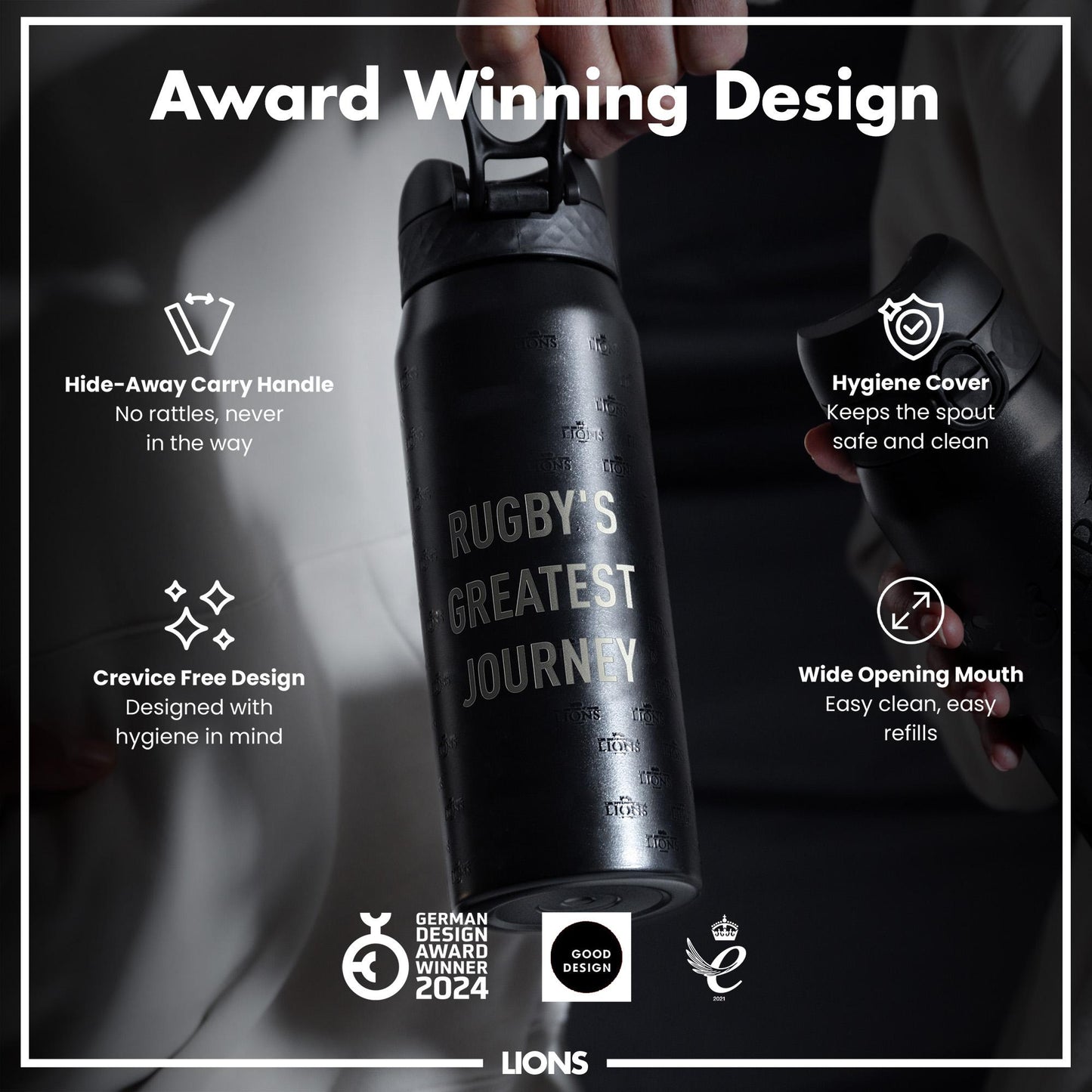 A black water bottle, inscribed "Rugby's Greatest Journey," is being held. Its features include a hide-away handle, hygiene cover, and wide mouth. Awards are shown.