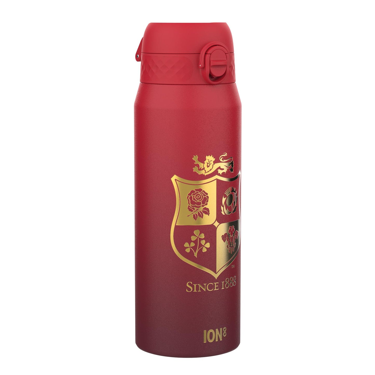 A red water bottle, featuring a gold crest and the text “SINCE 1888” and “ION8”, stands against a white background.