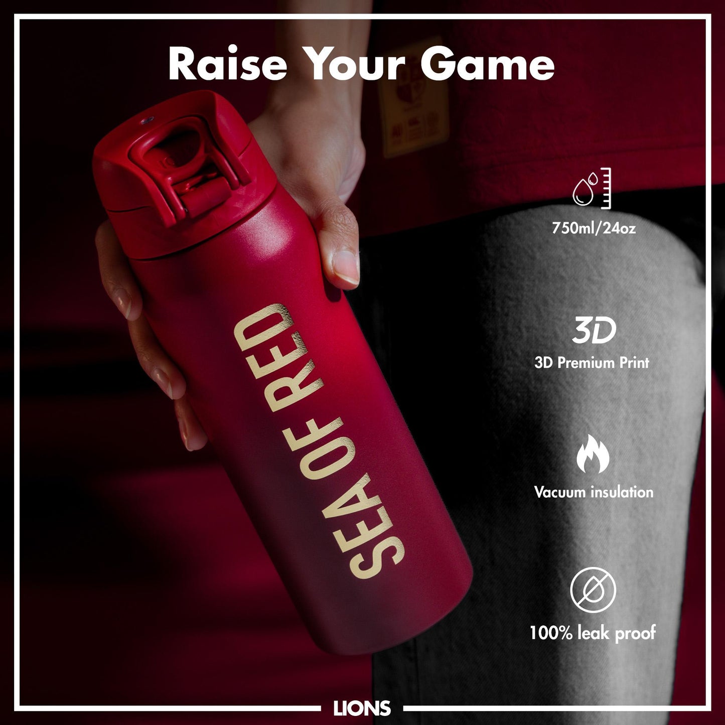 A red, 750ml water bottle, branded "SEA OF RED" is held. It features 3D printing, vacuum insulation, and is leak-proof. The background is dark.