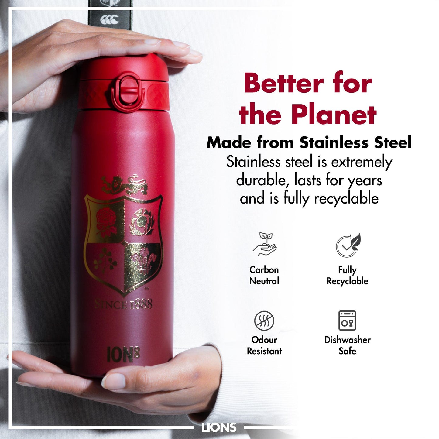 A red stainless steel water bottle, being held, features a gold crest and is advertised as durable, recyclable, and dishwasher safe.