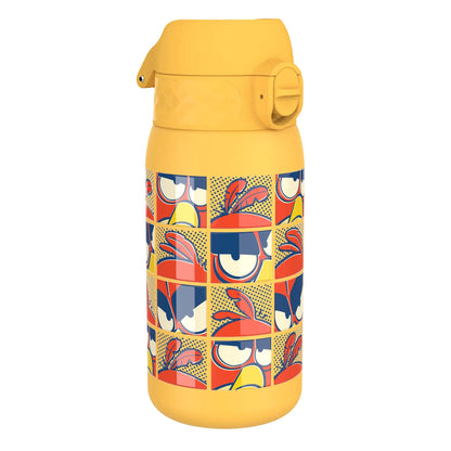 Yellow water bottle featuring a grid of cartoon bird faces with vibrant red and blue colors repeating within a comic-style design.