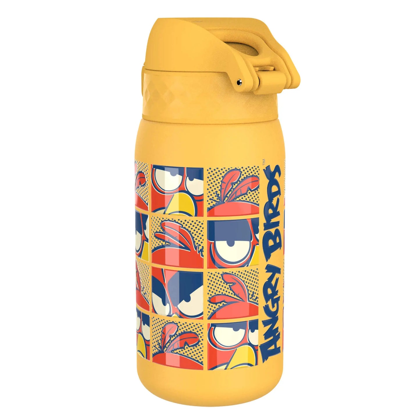 A yellow water bottle features a pop art style Angry Birds design with multiple bird faces and the text Angry Birds in bold vertical lettering against a plain white background.