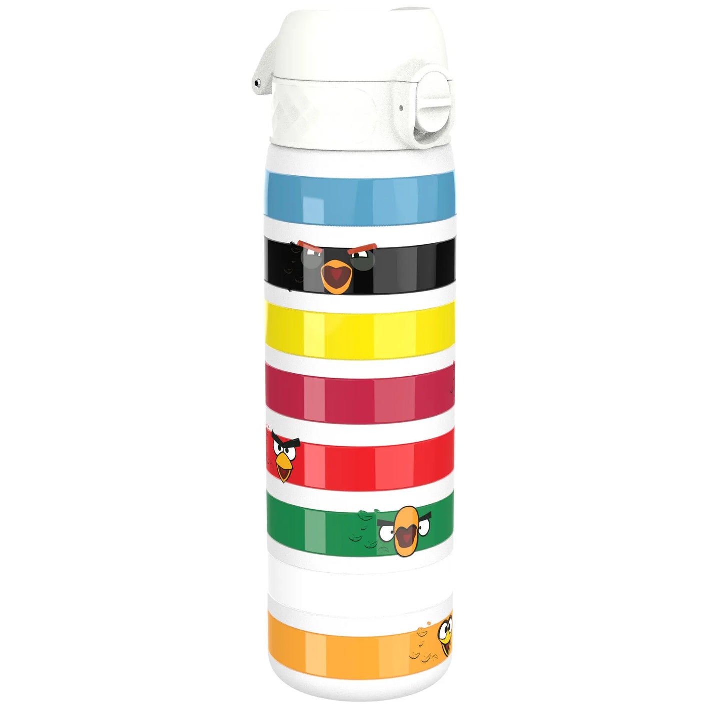 A colorful water bottle features stripes with animated bird faces from a popular game series arranged vertically against a plain background.