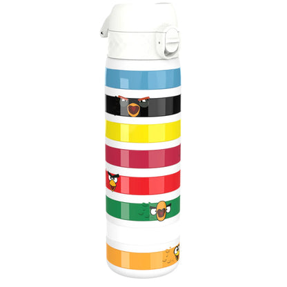 A colorful water bottle features stripes with animated bird faces from a popular game series arranged vertically against a plain background.