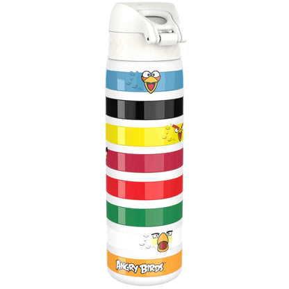 A colorful water bottle displays Angry Birds character faces on horizontal stripes. The bottle features a white lid with a flip-top and bears the text Angry Birds at the bottom.