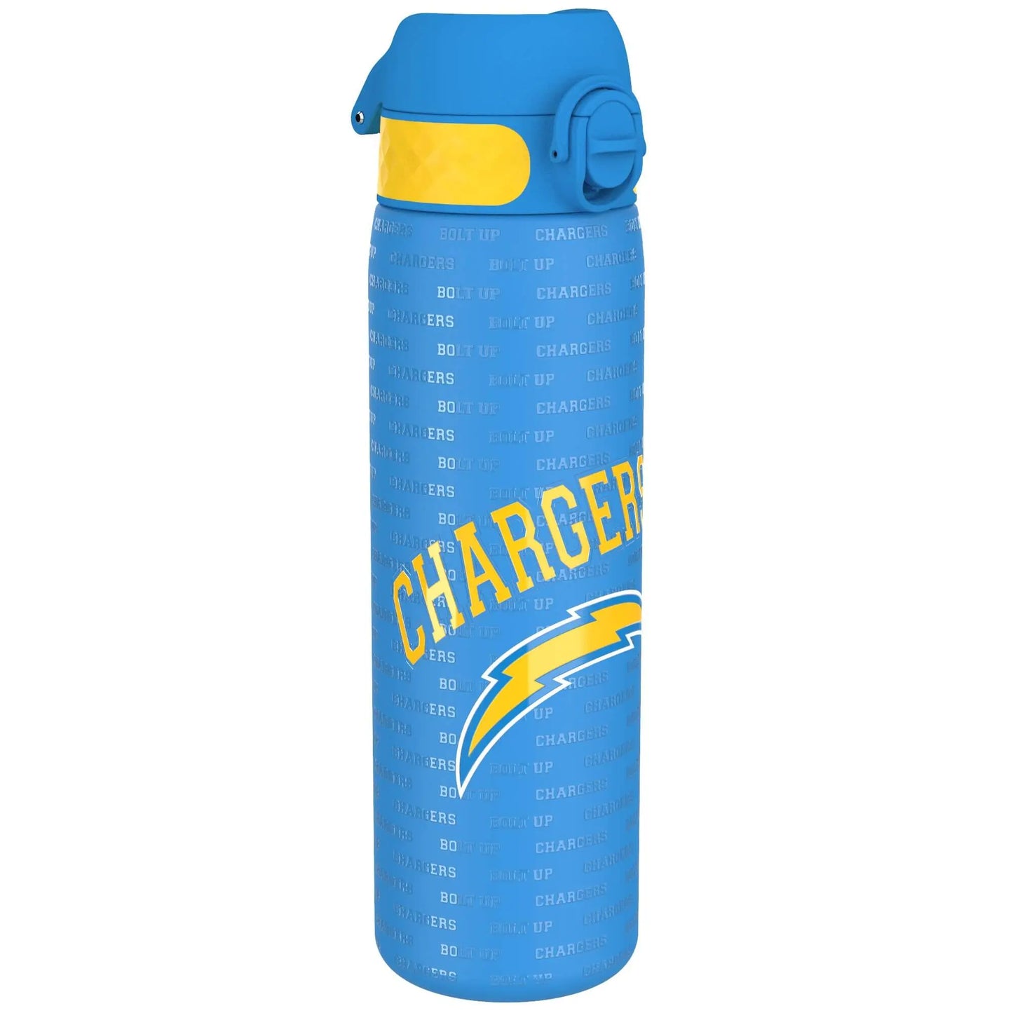 Blue water bottle featuring the text "CHARGERS" and a lightning bolt logo with a repeating background of "BOLT UP" and "CHARGERS" in a sports-themed context.