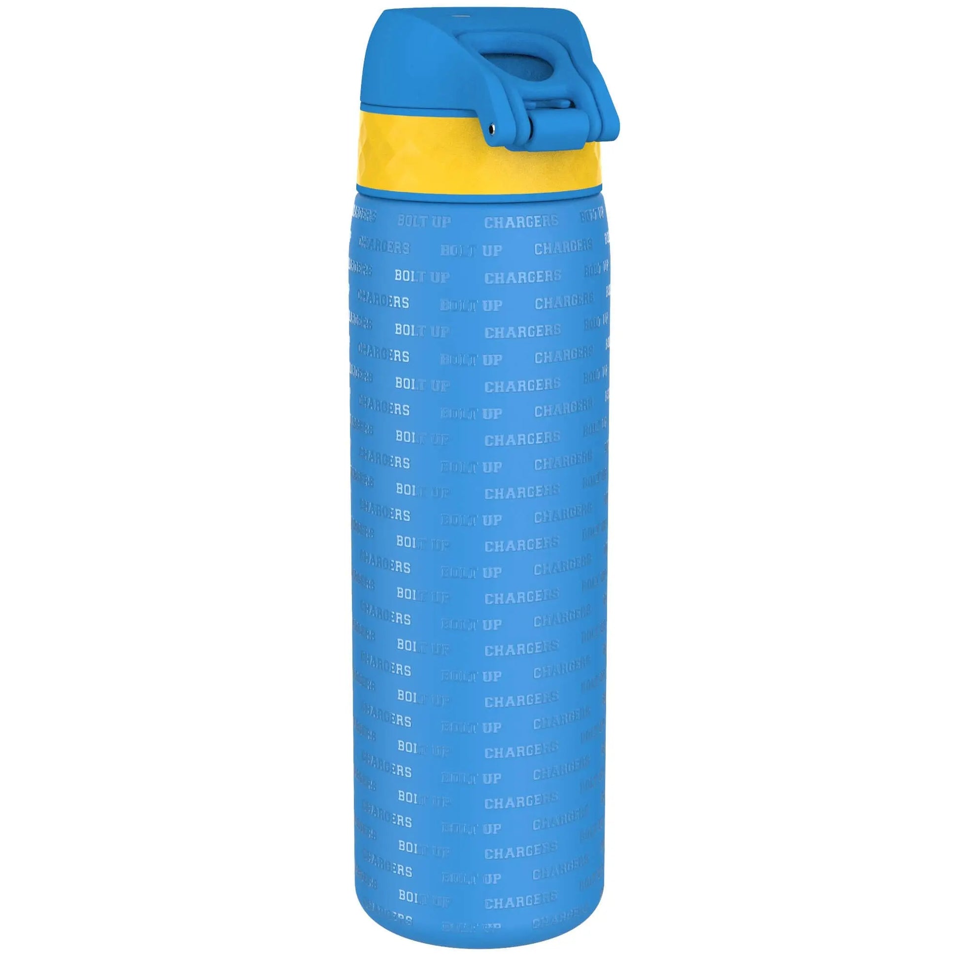 Tall blue water bottle with a flip-top lid and yellow accent encircled by raised text repeating BOLT UP CHARGERS set against a plain white background