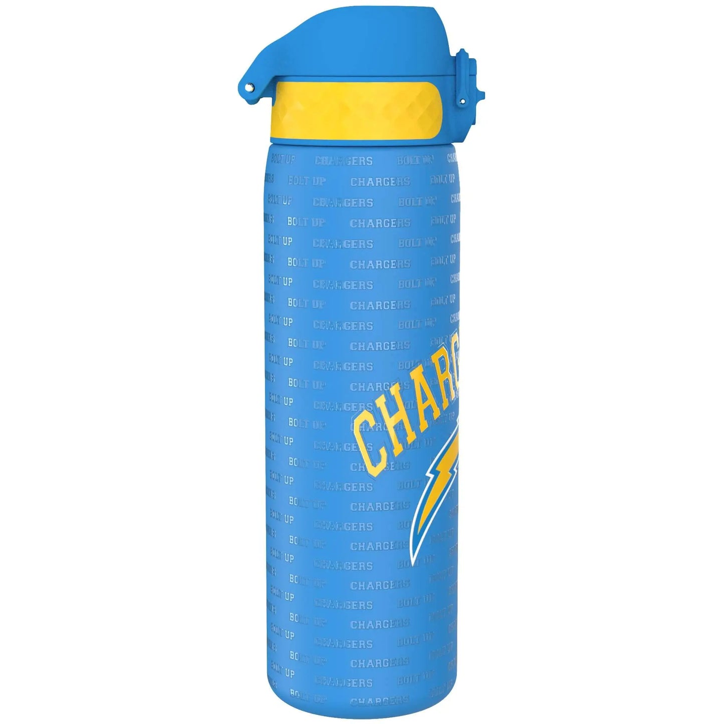 A blue sports water bottle with a yellow lid featuring the word "CHARGERS" and a lightning bolt logo printed on the side against a plain white background Towering rows of text read "BOLT UP CHARGERS"