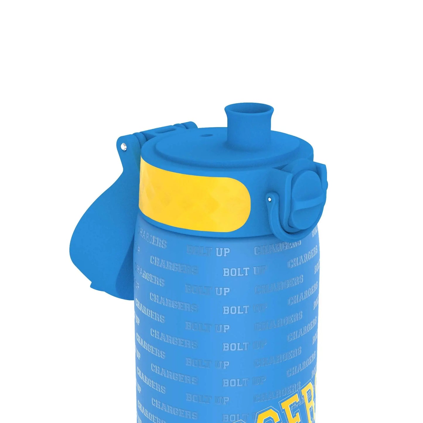 A blue water bottle with a yellow handle features "CHARGERS" and "BOLT UP" text repeatedly printed on it set against a white background.