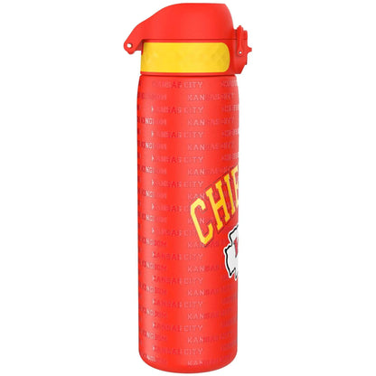 Red bottle displaying Kansas City Chiefs logo and text. Yellow accents are visible on the lid. Background consists of repeated text: "KANSAS CITY" and "KINGDOM."