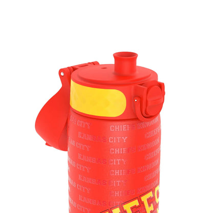 A red insulated water bottle prominently features a spout lid and handle with embossed text reading "KANSAS CITY CHIEFS KINGDOM" repeated across its surface in a bright setting.