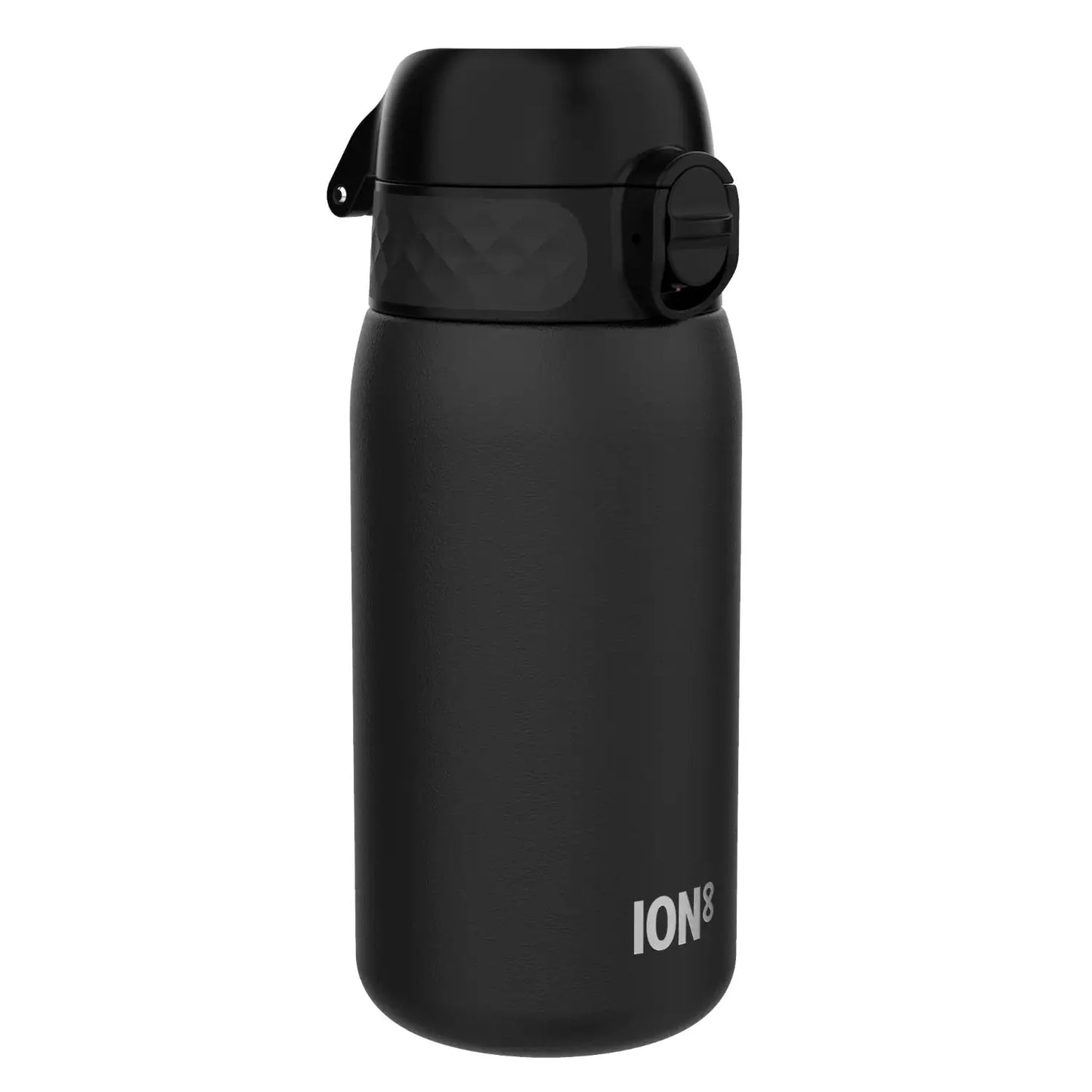 A black thermos bottle with a flip lid and textured grip stands upright against a white background ION8 is printed in white near the base