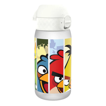 A white water bottle features cartoon birds in yellow, red, blue, and green sections on the side, set against a light background.