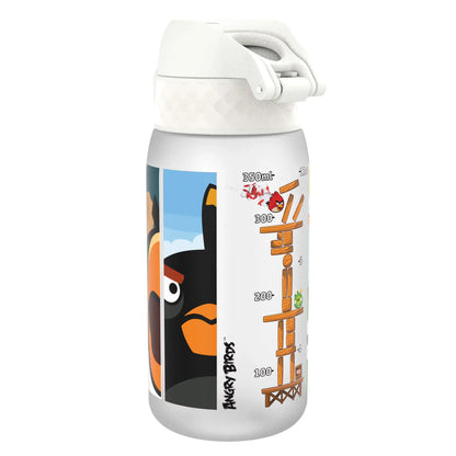 A water bottle features Angry Birds graphics with a marked scale showing measurements at 350ml, 300ml, 200ml, and 100ml The design includes birds and wooden structures in a playful context