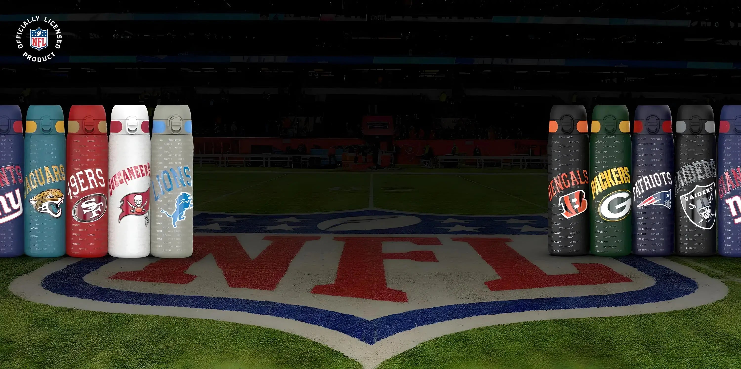 Banner of NFL stadium with ION8 NFL bottles line up