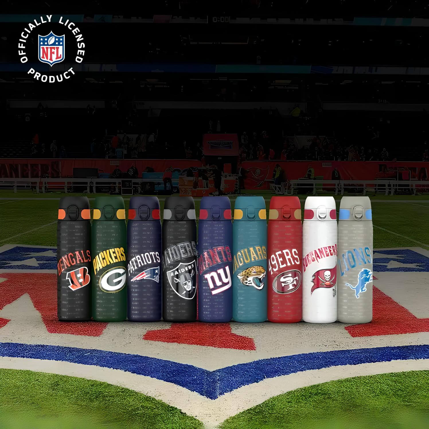 Banner of NFL stadium with ION8 NFL bottles line up